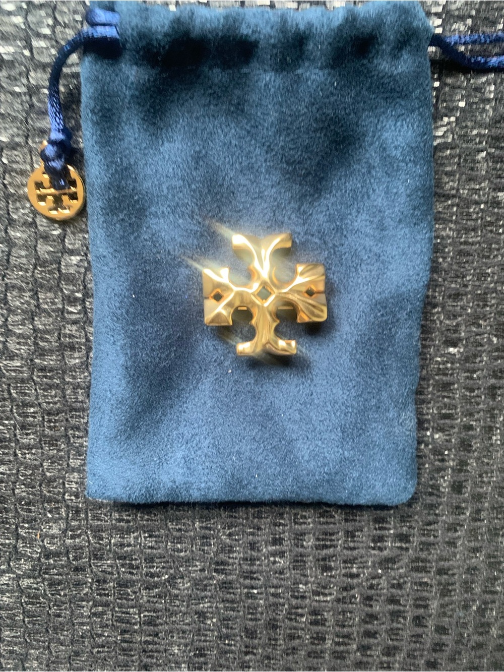 Tory Burch Gold Logo Pin with Blue Velvet Pouch